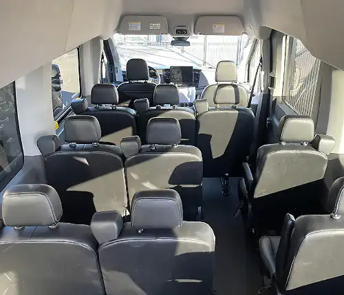 Passenger van interior for group airport transportation from Chico